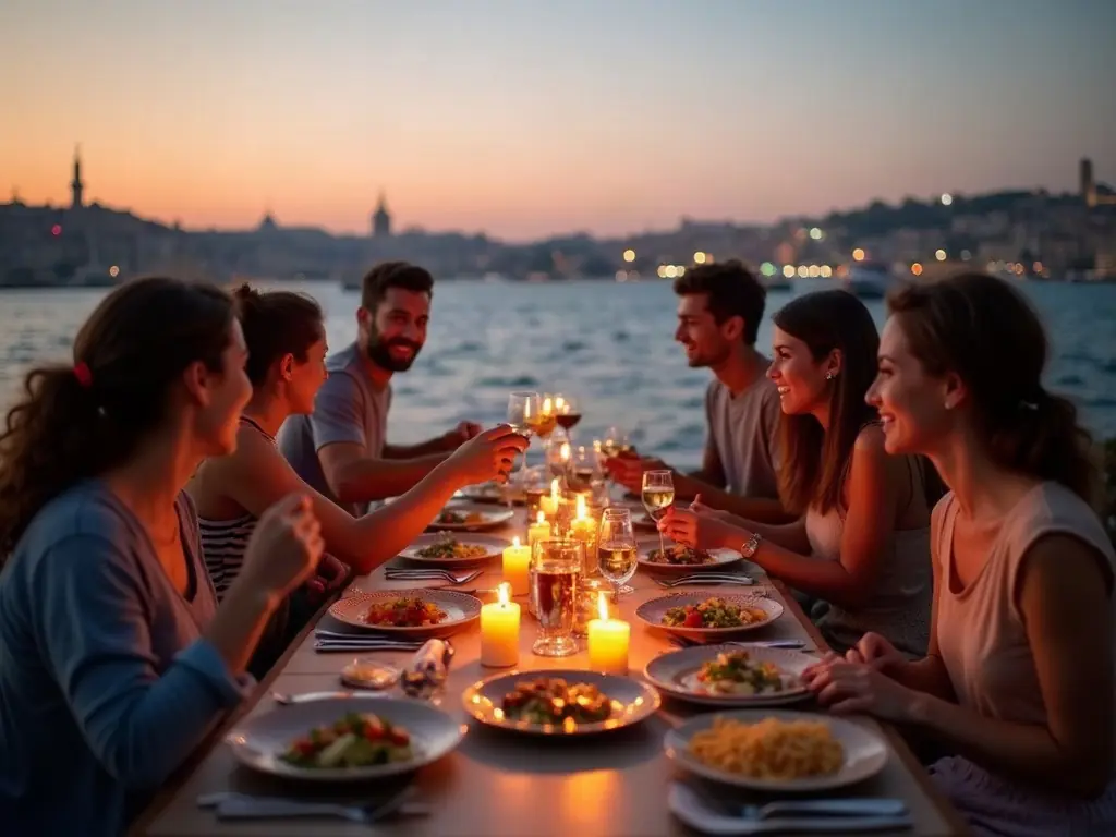 Terasta meze masası etrafında sohbet eden grup